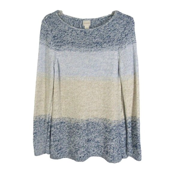 Chicos Blue Beige Heathered Stripe Metallic Thread Sweater Size S 0 Long Sleeve - Picture 1 of 7